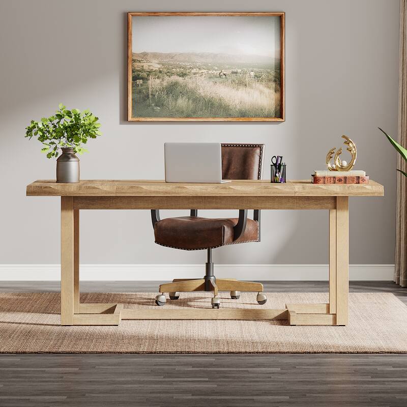 Rectangular Computer Desk, Writing Table with Solid Wood Legs, Executive Desk Workstation for Home Office, Work & Study