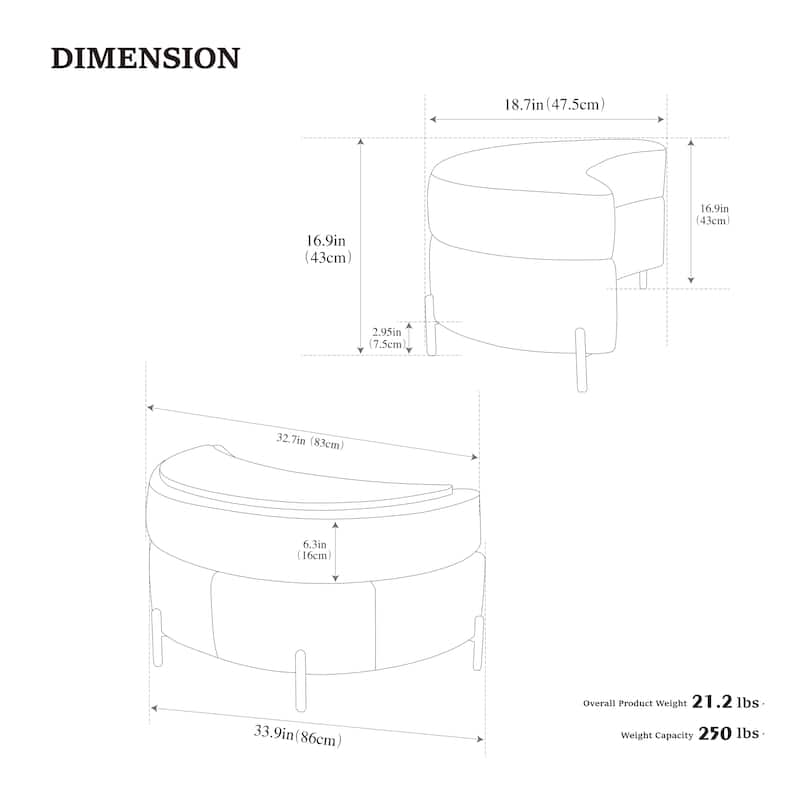 32.7" W Upholstered Half Moon Storage Ottoman Footrest Footstool