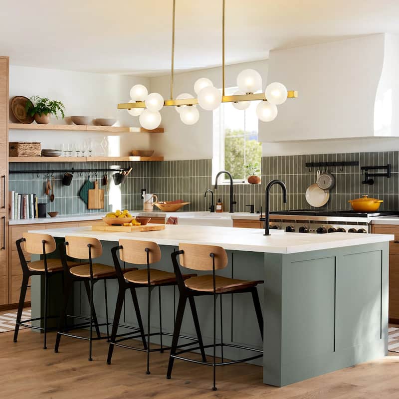 12-Light Modern Gold Linear Sputnik Cluster Pendant Light Frosted Glass Globe Bubble Chandelier for Kitchen Island