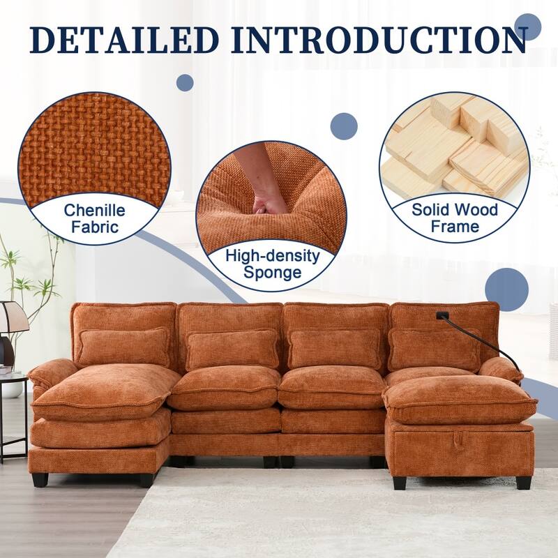 106.69" Modular U-shaped Sectional Sofa with Chaise Lounge and Ottoman, Pillows