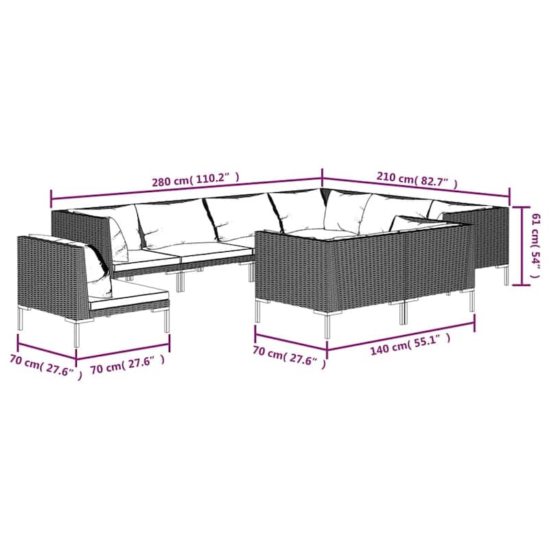 vidaXL Patio Lounge Set Outdoor Sectional Corner Sofa Poly Rattan Dark Grey - 27.6" x 27.6" x 24"