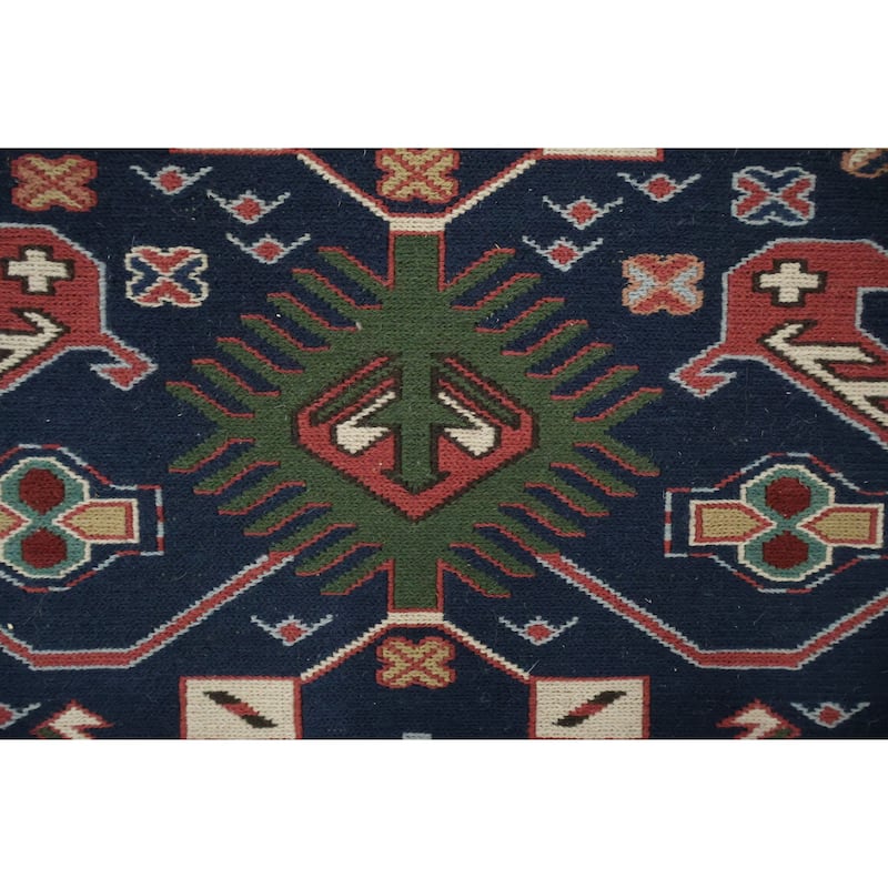 Hand Woven Oriental 100% Wool Carpet Traditional Geometric Navy Blue & Blues Sumak Area Rug - 14' 0'' X 10' 6''
