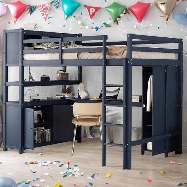 slide 2 of 21, Wood Loft Bed with Cabinet and Bookshelf, Full Size Loft with Wardrobe and Desk for Kids, Dark Blue Dark Blue