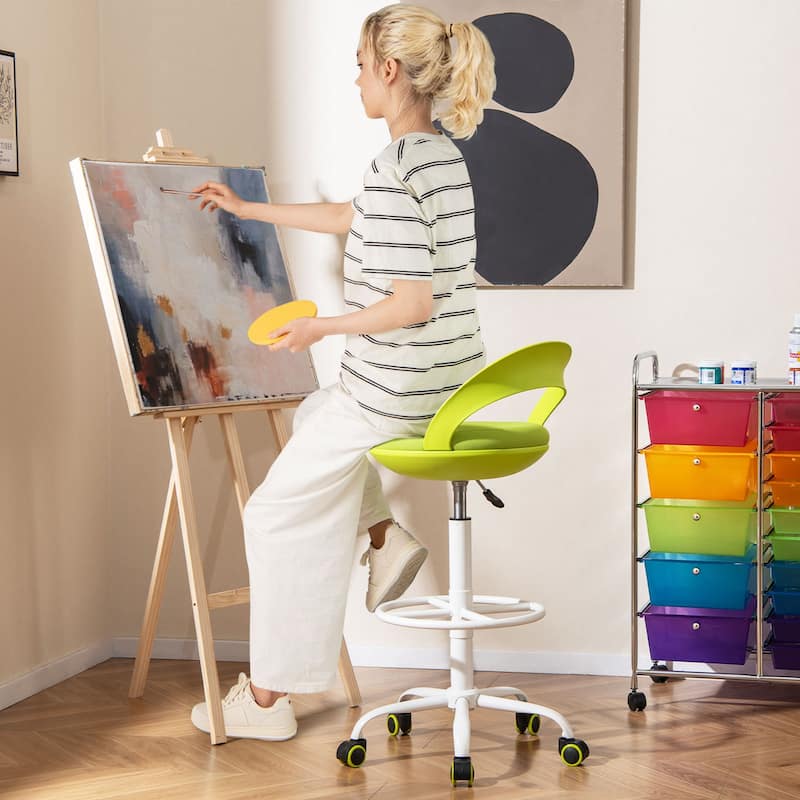 Gymax Drafting Stool Rolling Tall Desk Chair w/ Wheels Low Backrest