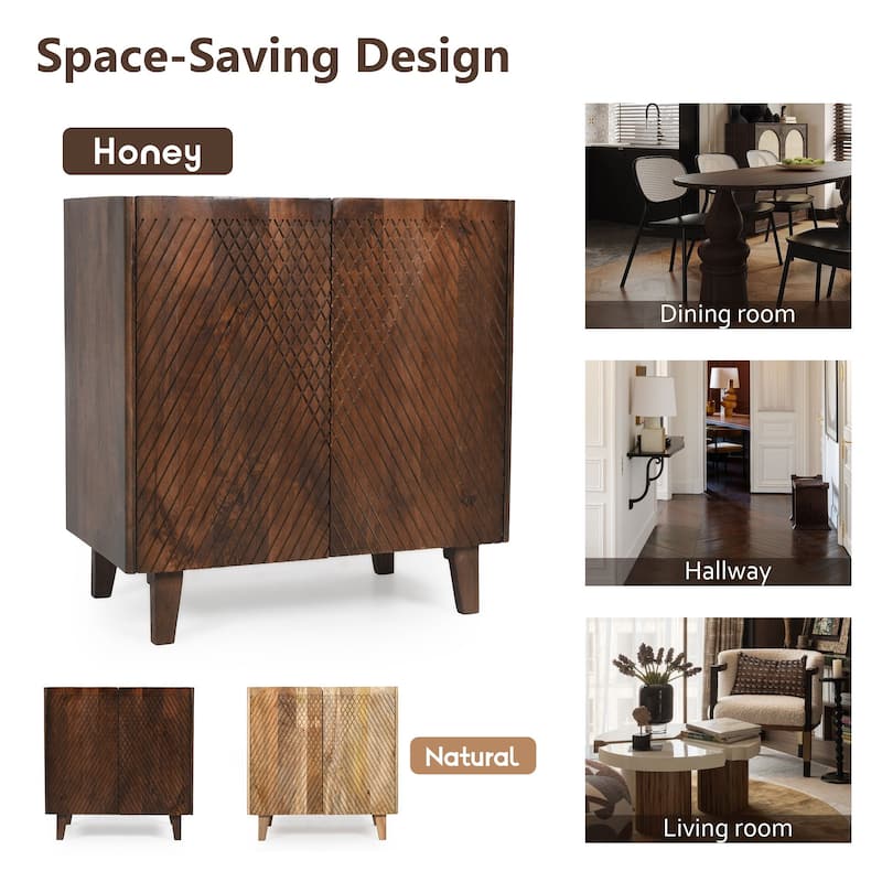 28" Rustic Mango Wood Accent Cabinet with Fluted Doors and Adjustable Shelf - Compact Storage for Kitchen or Entryway