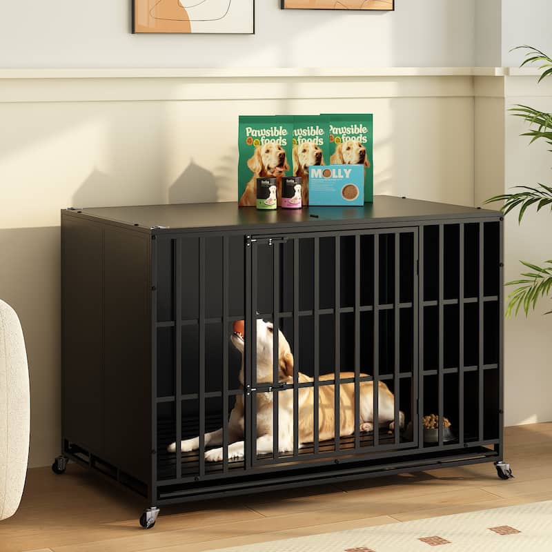 BOSSIN 48/42 inch Heavy Duty Steel Dog Crate Kennel with Wheels, Escape-Proof, Removable Tray for Large Dogs, Black
