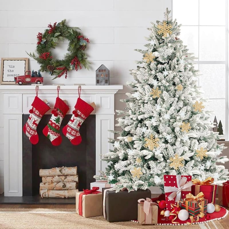 6ft-7ft Artificial Snow Flocked Christmas Tree with Metal Stable Stand Base for Indoor and Outdoor Holiday Decoration - 7 Foot - White With Orbs