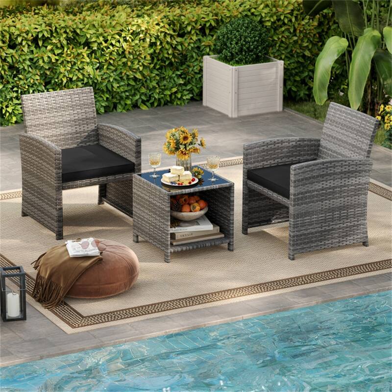 2-Piece Rattan Bistro Set with Comfortable Cushions and Tempered Glass Table Outdoor Patio - Table: 18" × 18" × 17"