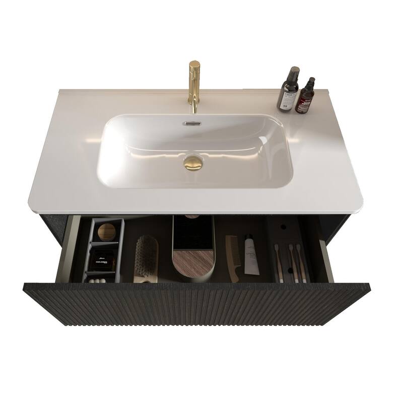 GDFStudio - Etna Floating Bathroom Vanity with Integrated Ceramic Sink, Modern Handle-Free Wall-Mounted Design, Pre-Assembled