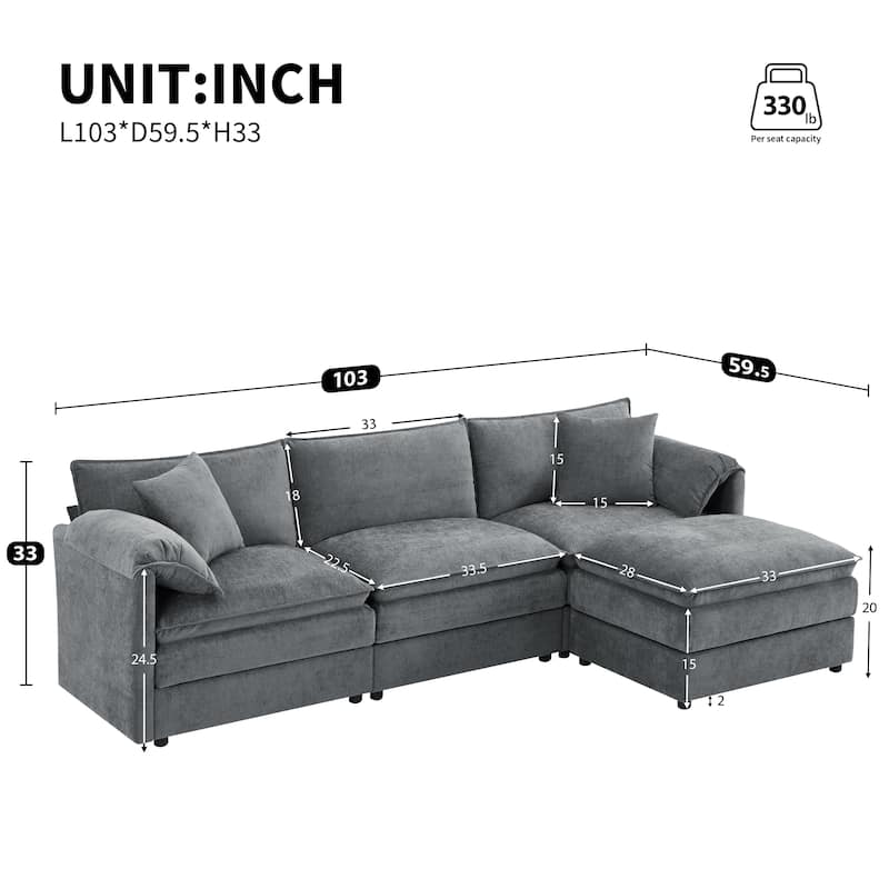 Chenille Modular Sectional Sofa, L Shaped Upholstered Cloud Couch Set, Oversized 4 Seat Sofa with Movable Ottoman - Dark Gray