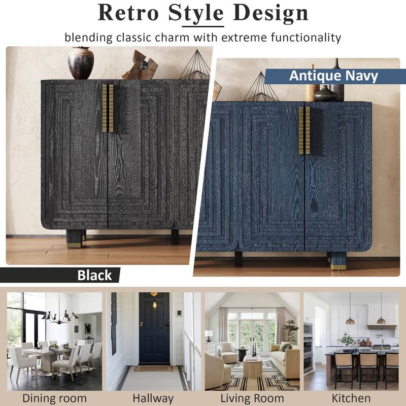 54" Retro Sideboard Buffet Cabinet with 4 Fluted Doors, Adjustable Shelves, Ash Veneer Storage Console for Dining Room