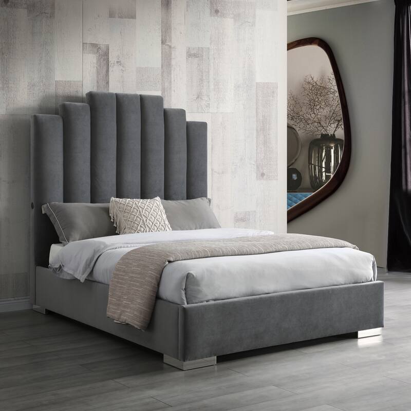 Velvet Upholstered Bed with USB Ports Grey Fabric Platform Bed Frame with Chrome Legs Double Bed