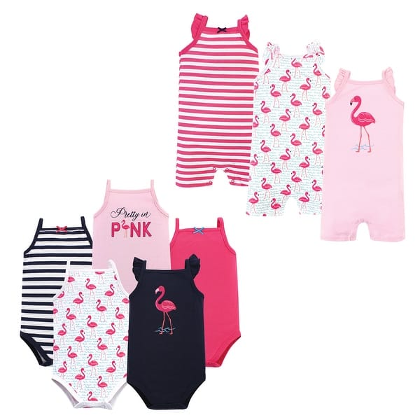 slide 1 of 1, Hudson Baby Infant Girl Cotton Bodysuits and Rompers, 8-Piece, Bright Flamingo 0 - 3 Months - Pink