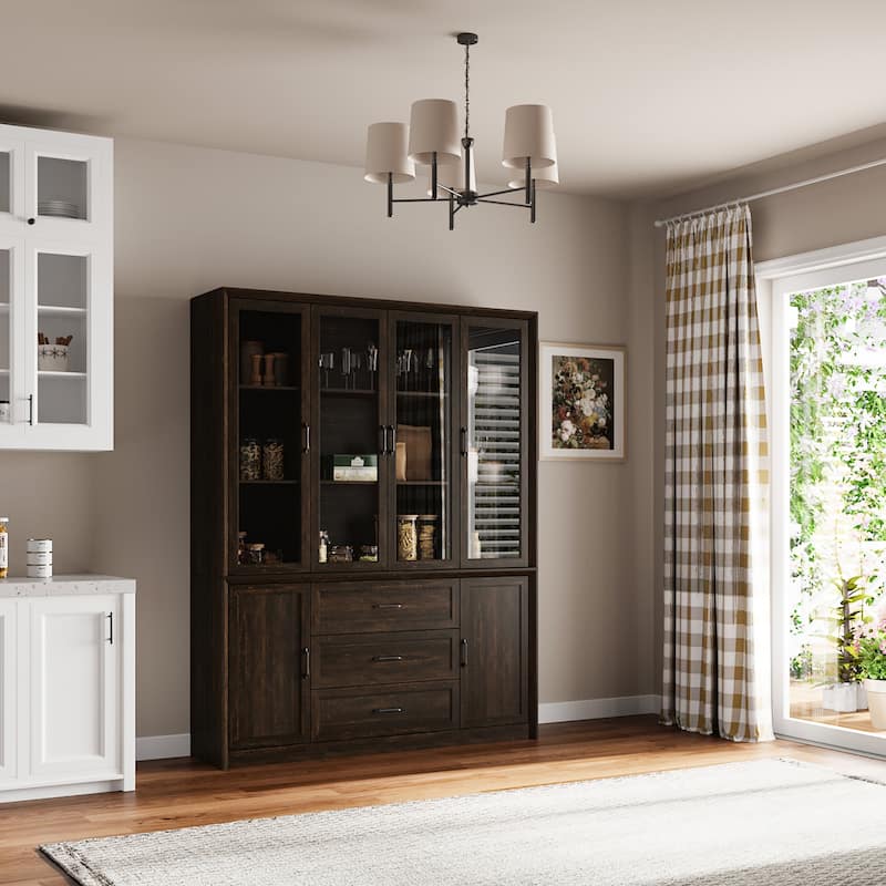 61.8" W Kitchen Pantry Cabinet, Freestanding Cupboard with Glass Doors