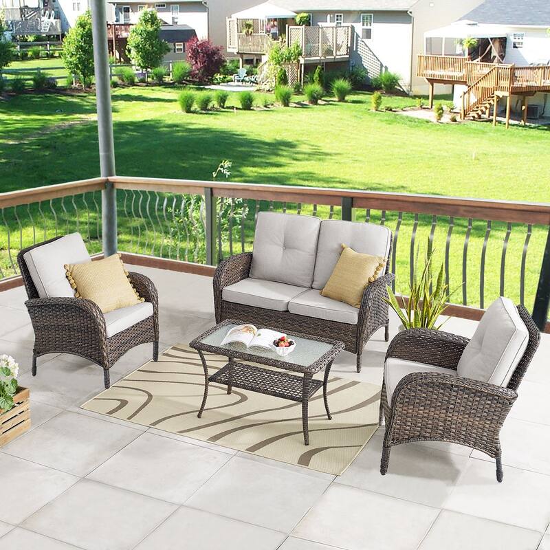 Pocassy Outdoor Loveseat Sofa with Table Funiture Set - Brown Wicker Beige Cushion - 4PCS Loveseat Sofa with Chairs Set