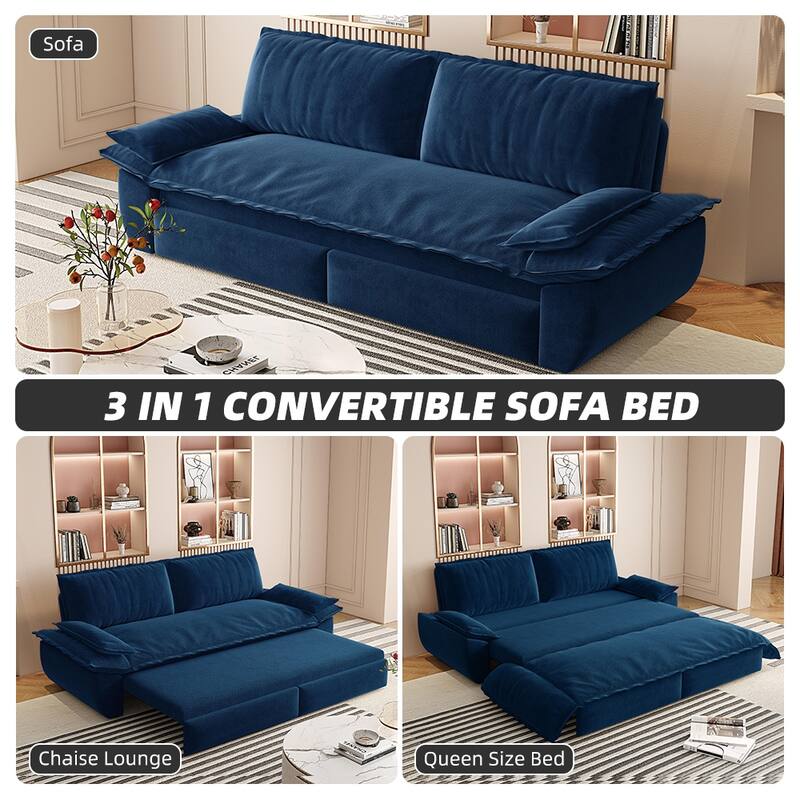 3-in-1 Convertible Velvet Sofa Bed, Pull-Out Queen Sleeper Bed, Chaise Lounge Sofa Daybed, Easy-to-Assemble