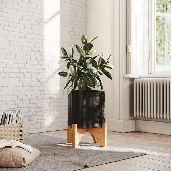 Everett Black Mid-Century Modern Indoor Metal Pot Planter with Arch Wood Base - 14.75" H x 12" W