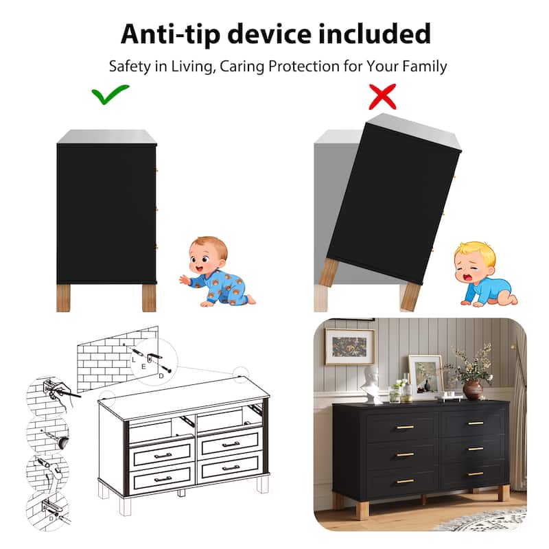 6-Drawer Double Dresser with Metal Handles & Solid Wood Legs, Kids Bedroom Storage Organizer