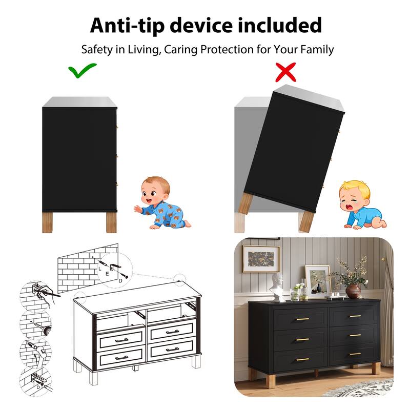 Modern Storage 6 Drawers Cabinet with Metal Handles and Solid Wood Legs