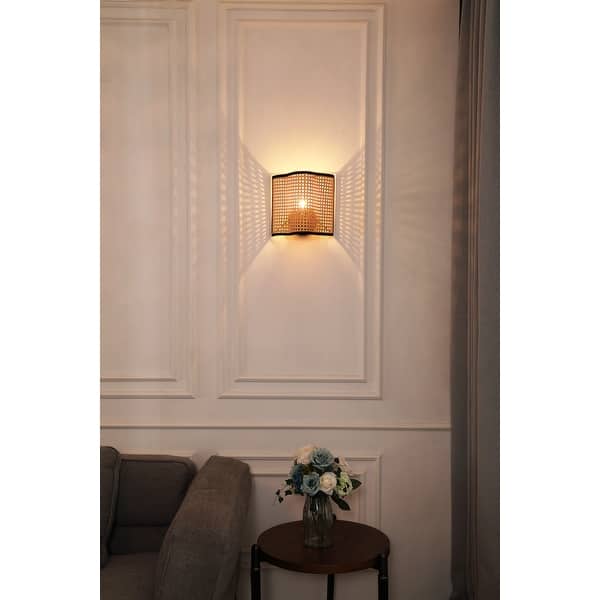slide 2 of 6, Gal - Bohemian Wall Sconce with Rattan Shade and Velvet Detailing - 10" x 9.92" 10" x 9.92" - Black/Beige
