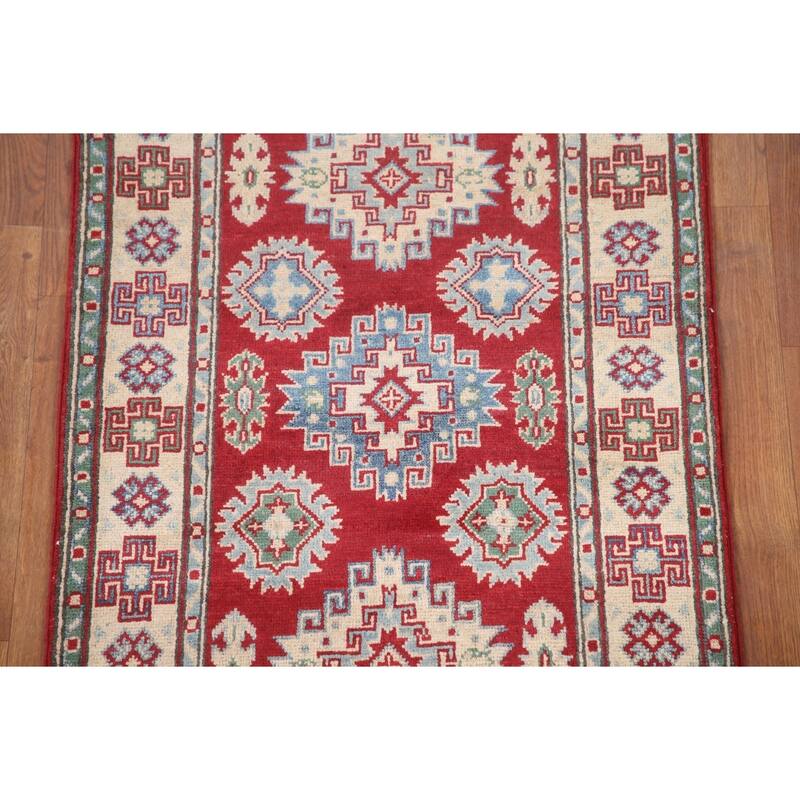 Hand Knotted Oriental 100% Wool Carpet Traditional Geometric Red Kazak Runner Rug - 6' 8'' X 2' 8''