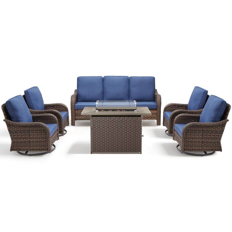 Pocassy Patio Funiture Sofa Swivel Chairs Ottoman with Fire Table Set