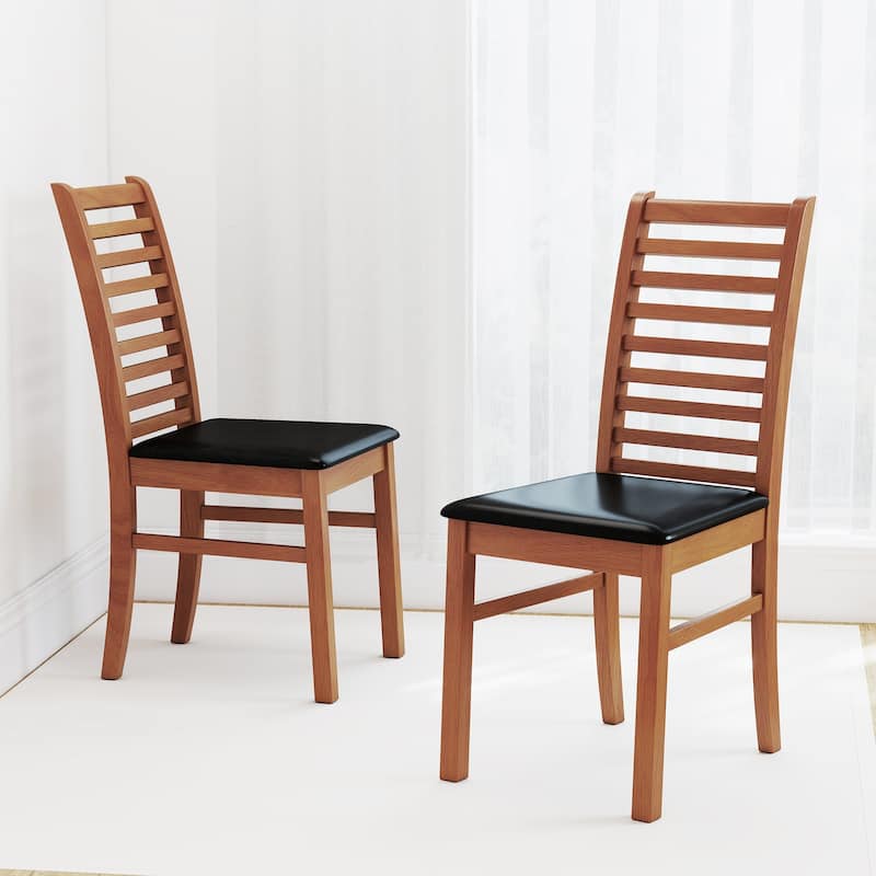Set of 2 Rubber Wood PU Leather High-Back Farmhouse Dining Chairs Set with Ladder Design - 16" x 21" x 37"