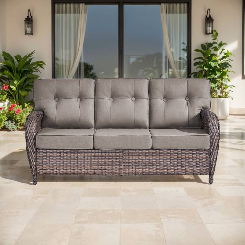 TWrap Brown Wicker Patio 3-Seat Sofa with 5-Inch Thick Cushions