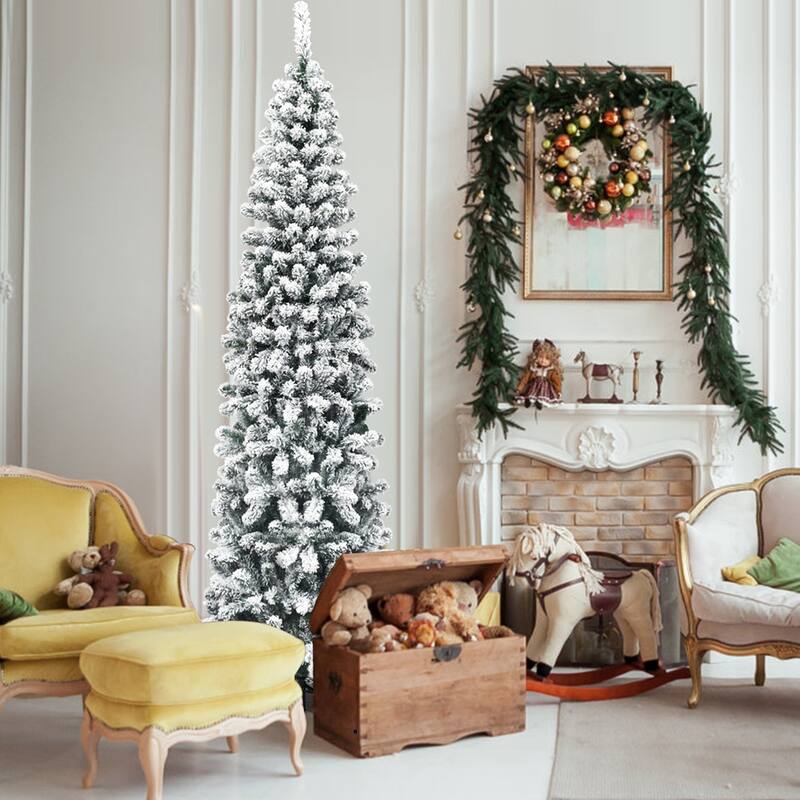 Gymax 7.5ft Snow Flocked Pencil Christmas Tree Artificial Pine Tree w/ - See Details