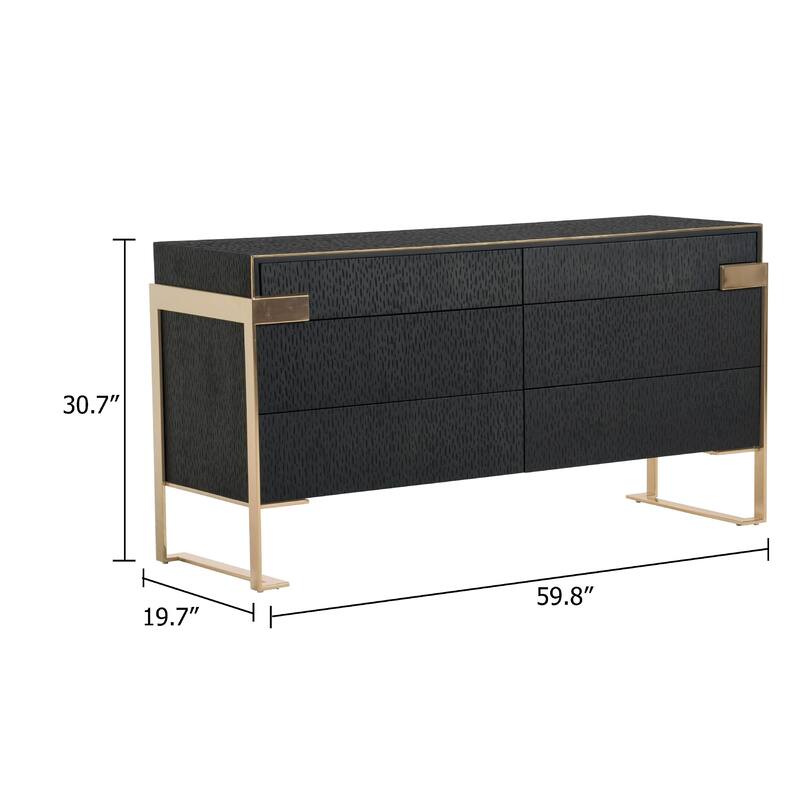 Cid Ruth 60 Inch Dresser, 6 Drawers, Wenge Brown Oak Veneer, Gold Steel