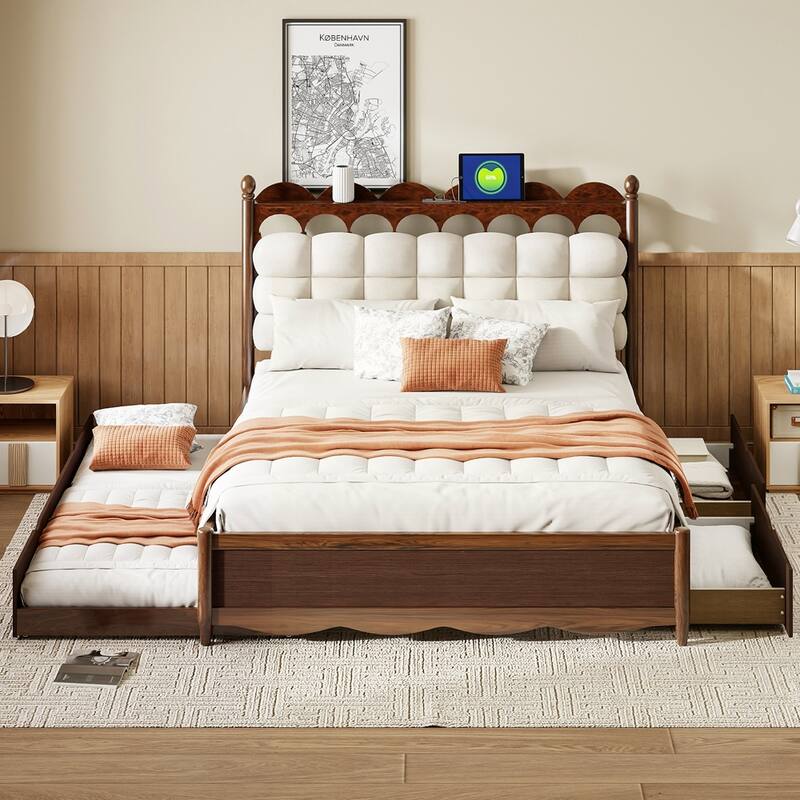 Wooden Storage Platform Bed with USB Ports