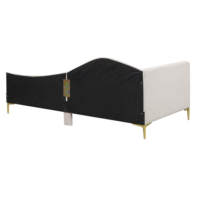 Linen Upholstered Daybed Frame with Metal Support Legs, Wave-Shaped Armrest and Nailhead Trim Backrest, Twin Size Platform Bed
