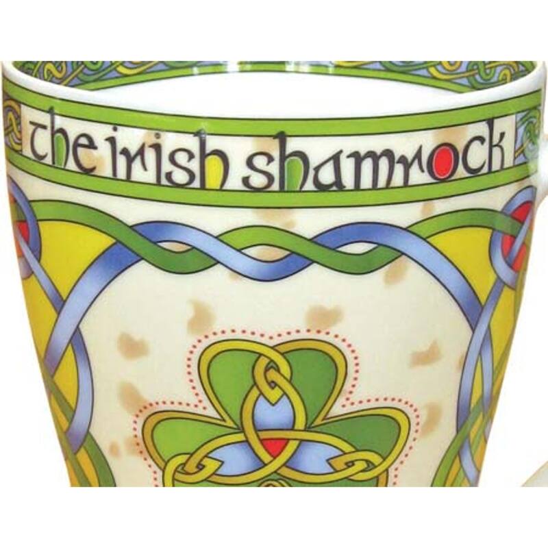 Stylish Multi-Color Bone China Mug 13oz Featuring Classic Shamrock and Celtic Patterns Dishwasher Safe