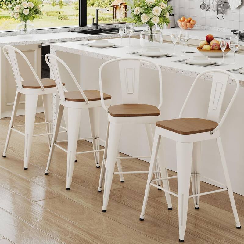 Counter Stools with Metal Frame Counter Height Bar stools with High Back 24" Kitchen Bar Furniture Stools with Wooden Seat