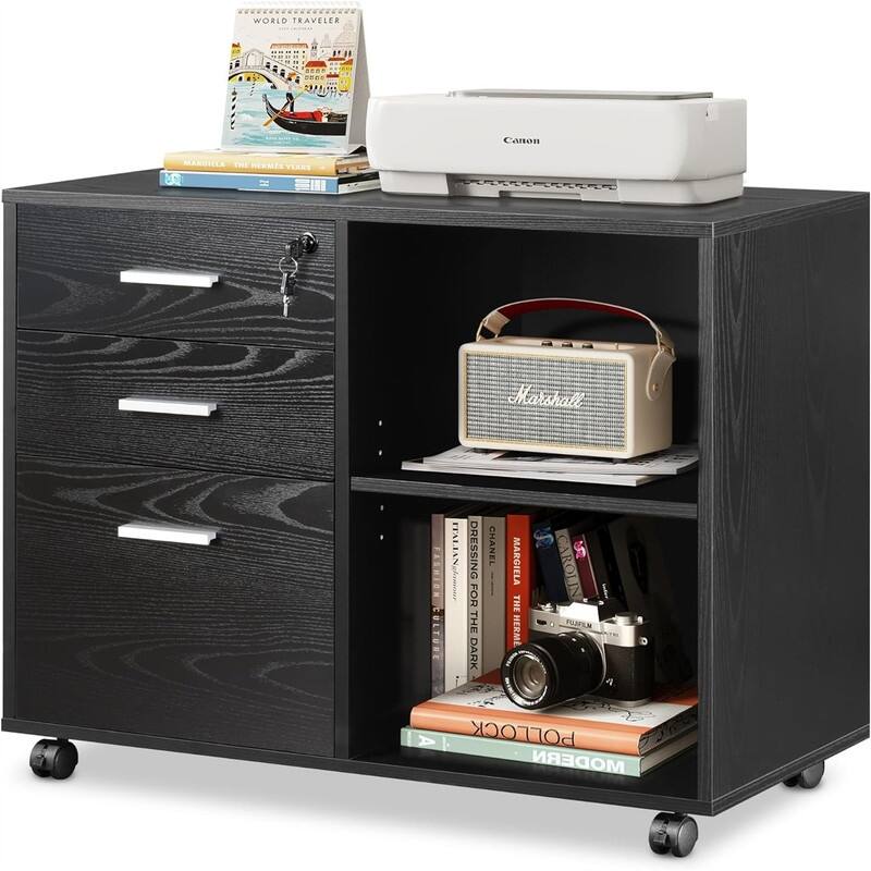 3-Drawer Wood File Cabinet with Lock - 15.7"D x 31.3"W x 24.7"H - Wood Finish - Black