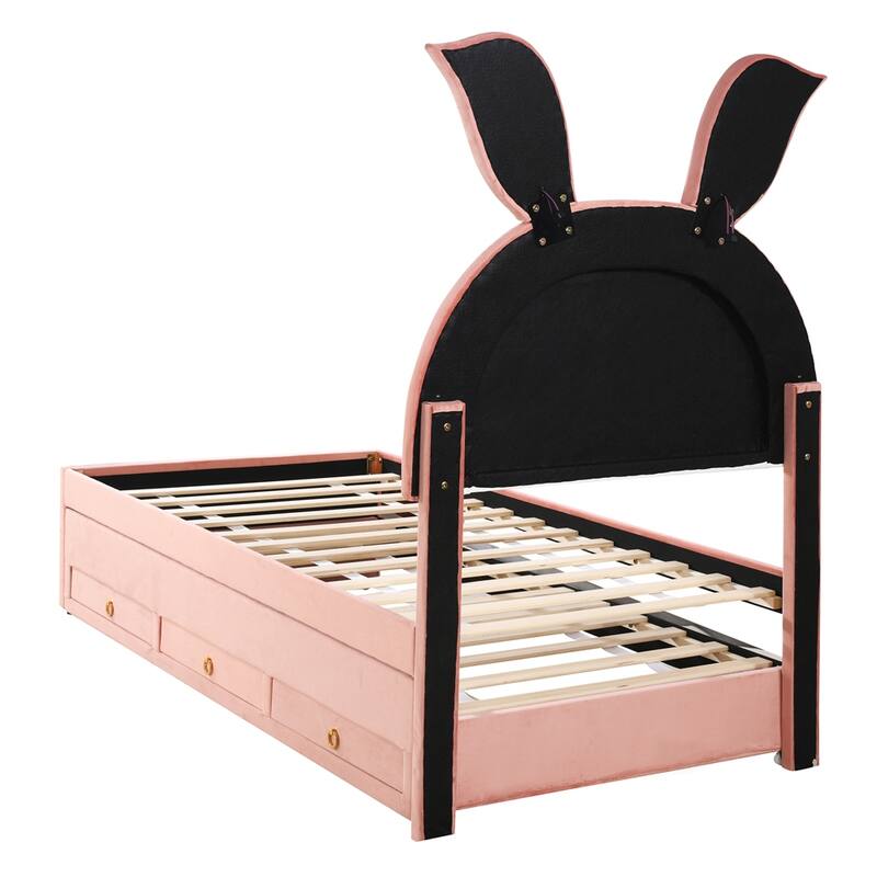 Twin Size Bed with Trundle and 3 Drawers, Headboard with LED Lights