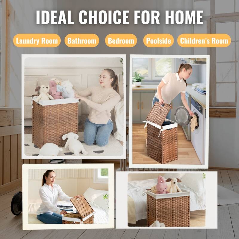 26.4 Gal PE Wicker Clothes Laundry Hamper with Lid, Removable Liner