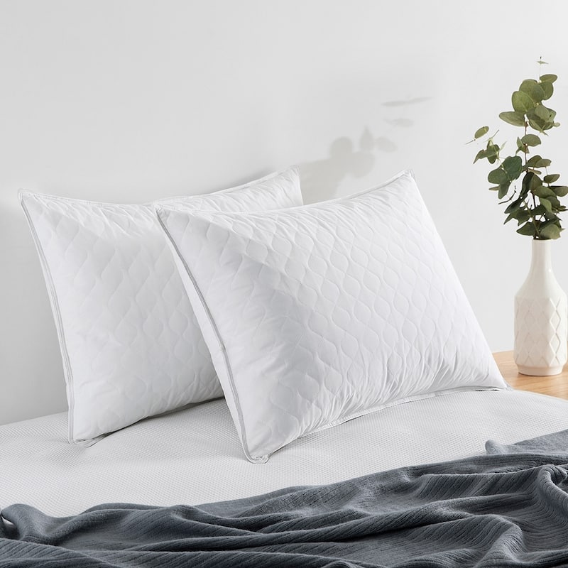 2 Pack Goose Feather Down Pillows with Quilted Cotton Cover - White - Medium-Soft - King