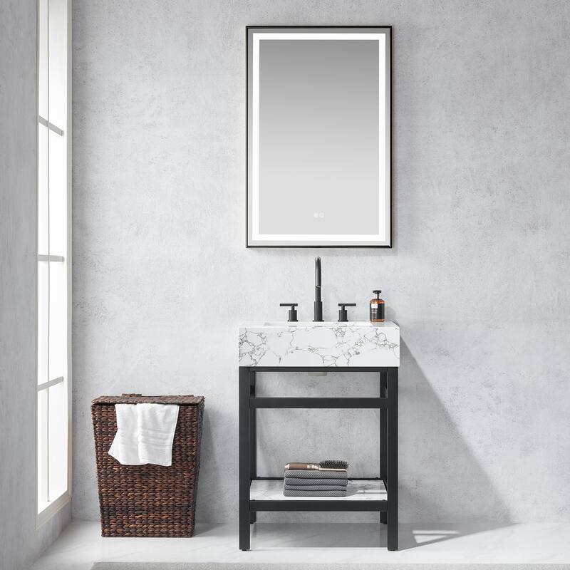 Ecija Bath Vanity, Metal Support with Composite Stone Top and Mirror