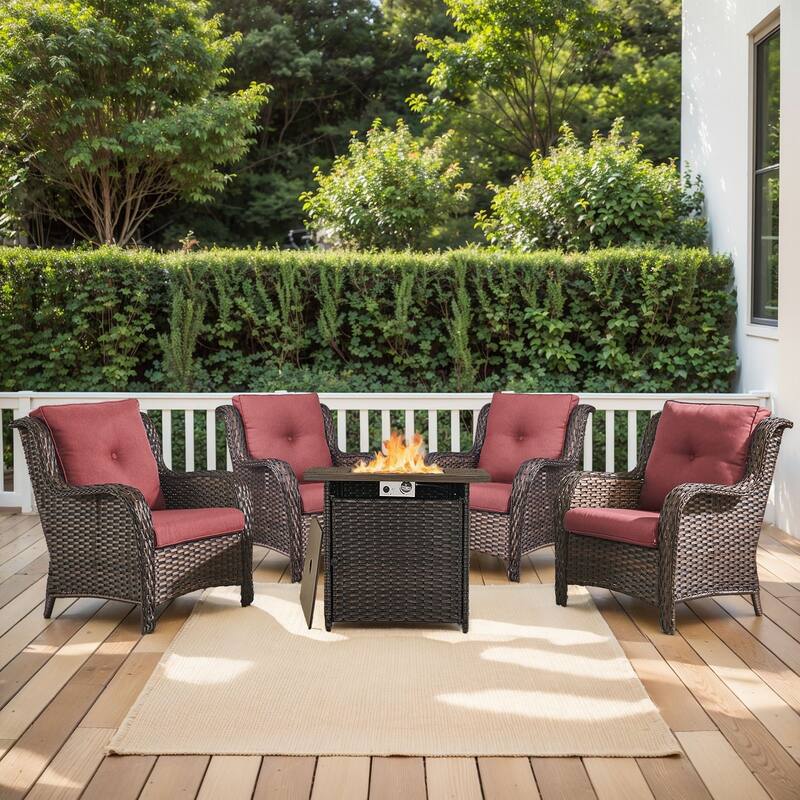 Outdoor Square Fire Pit Table with 2 Patio Chairs - Red - Brown