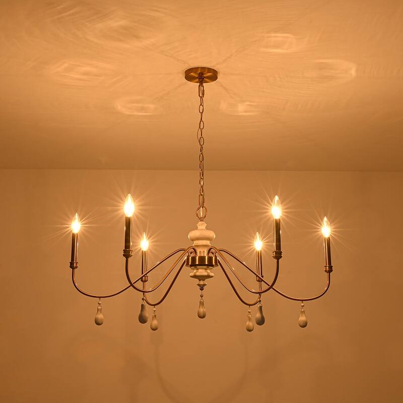 Mid-Century Aged Brass 6-Light Wide Candle Style Chandelier 38in