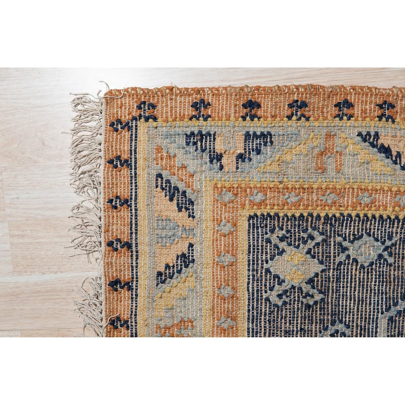 Blue Handwoven Wool High-Low Kilim Rug by EORC | Stylish and Textured