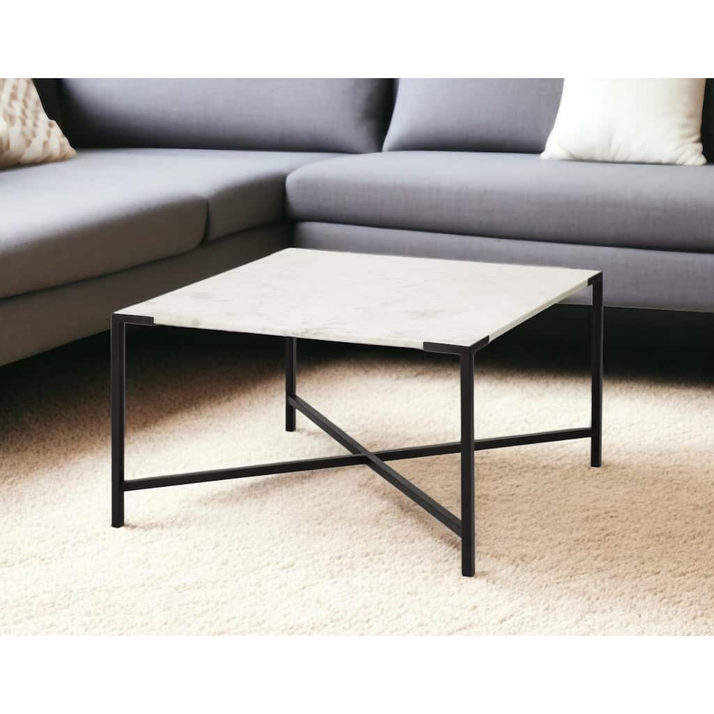 HomeRoots 30" Black And White Genuine Marble and Metal Square Cross Legs Coffee Table - 30