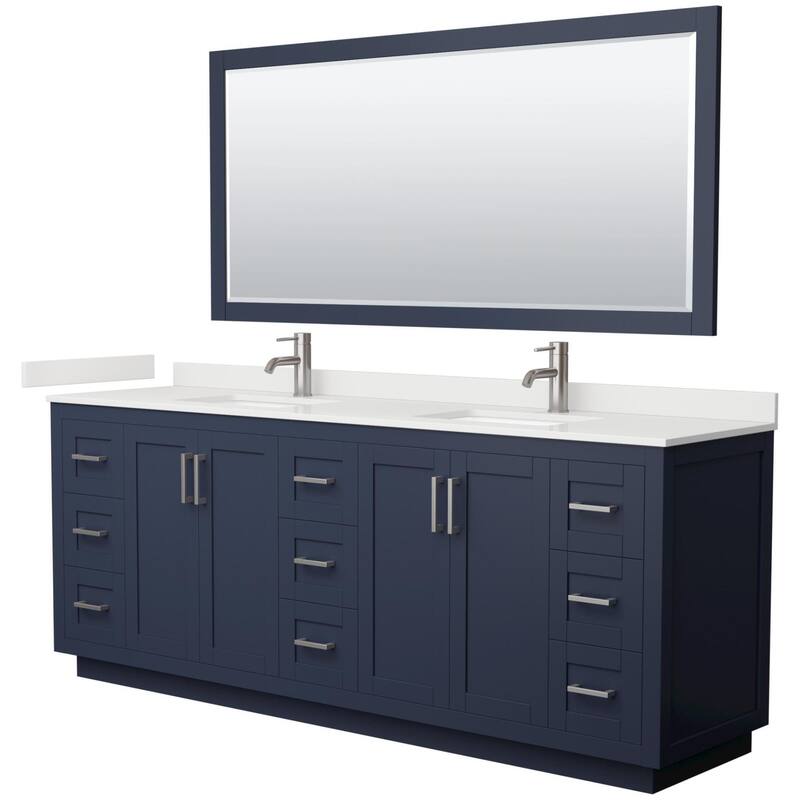 Wyndham Collection WCF292984D-QTZ-UNSM70 Miranda 84" Free Standing - Dark Blue / White Quartz Top / Brushed Nickel