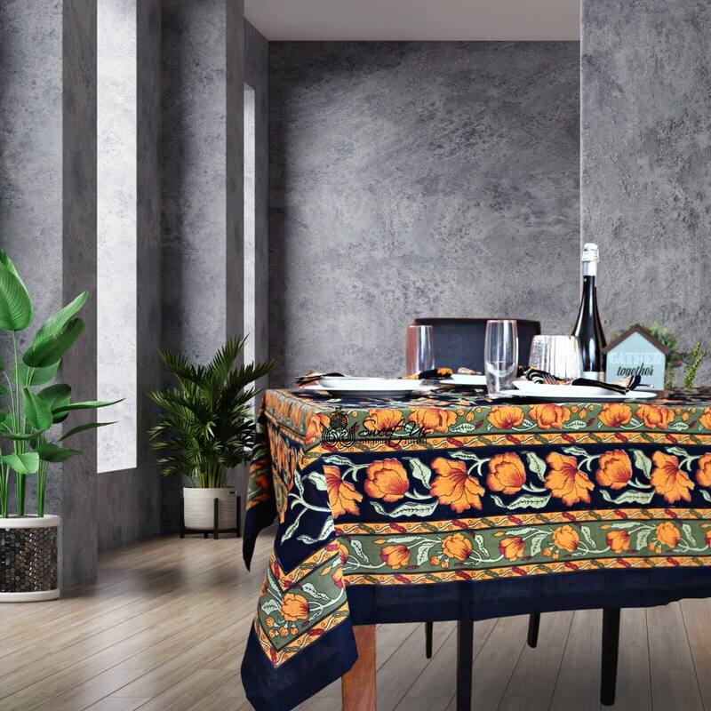 Affluent French Country Floral Cotton Tablecloth Square, Rectangle - 60 x 90 in - Black Amber