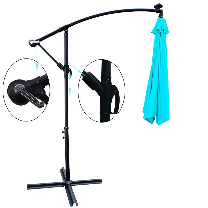 Outdoor Patio Umbrella Solar Powered LED Lighted Sun Shade Market Waterproof 8 Ribs Umbrella with Crank and Cross Base