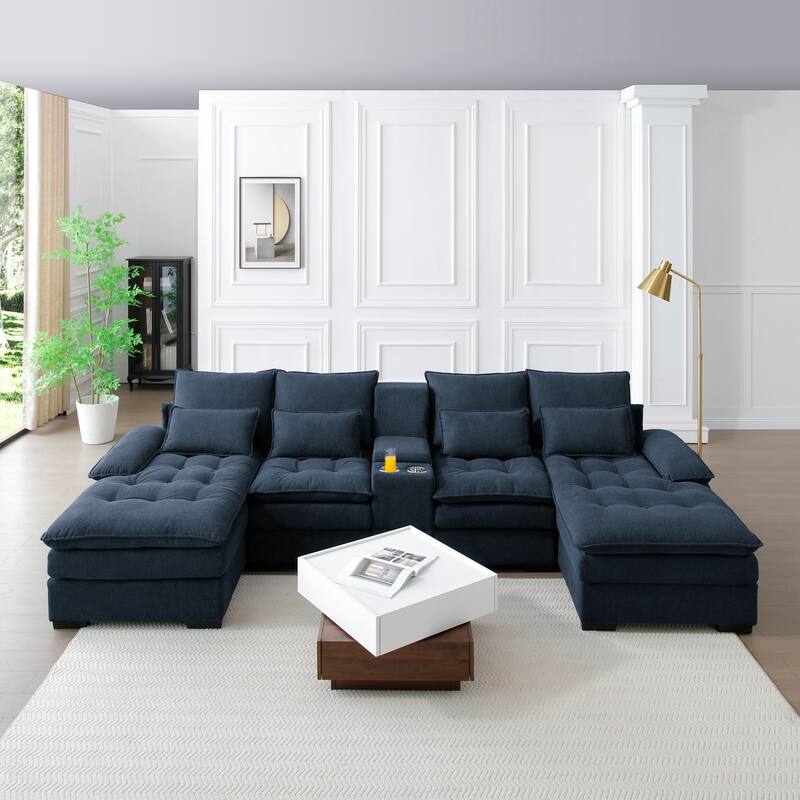 U-shaped Sectional Sofa with Chaise, Built-in Storage Console and Cup Holders, Linen Double-Layer Cushioning Lounge Couch
