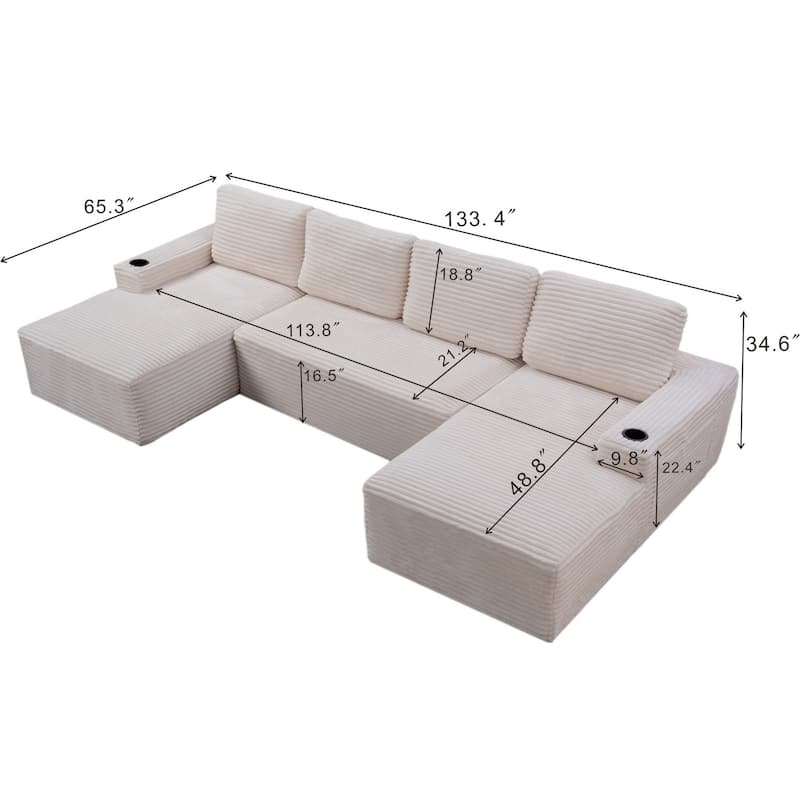 133.4" U-Shaped Corduroy Sectional Sofa with Cup Holders, No Assembly Required