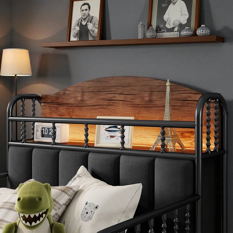 Twin/Full Size Metal Platform Bed with LED Lights and Upholstered Headboard, Kids Bed Frame with Storage Shelf