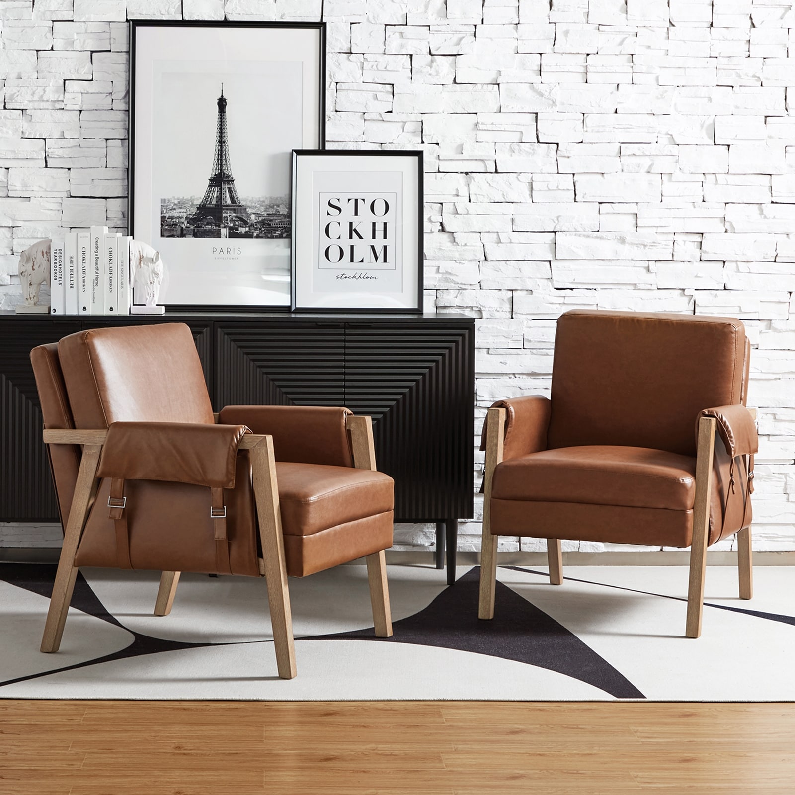 HULALA HOME Olivia Farmhouse Faux Leather Accent Chair with Solid Wood Legs and Arms Sets of 2